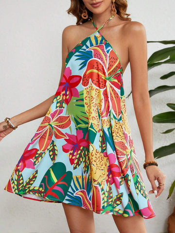 Loose Summer Vacation Tropical Leaves Print Halter Short Dress For Women
