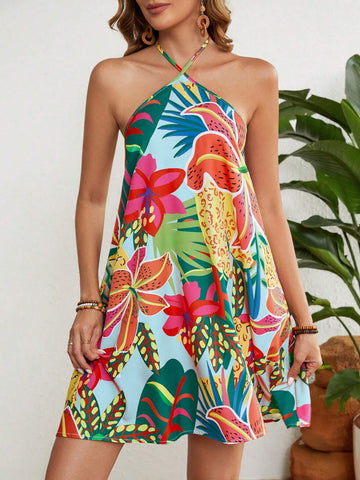 Loose Summer Vacation Tropical Leaves Print Halter Short Dress For Women
