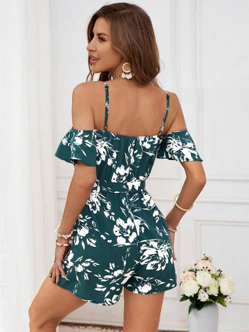 Loose Women's Printed Woven Jumpsuit With Vacation-Style Spaghetti Straps