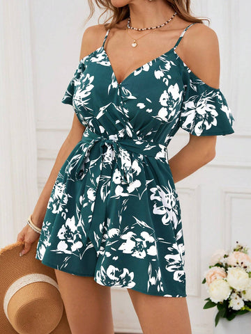 Loose Women's Printed Woven Jumpsuit With Vacation-Style Spaghetti Straps