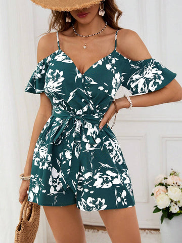 Loose Women's Printed Woven Jumpsuit With Vacation-Style Spaghetti Straps