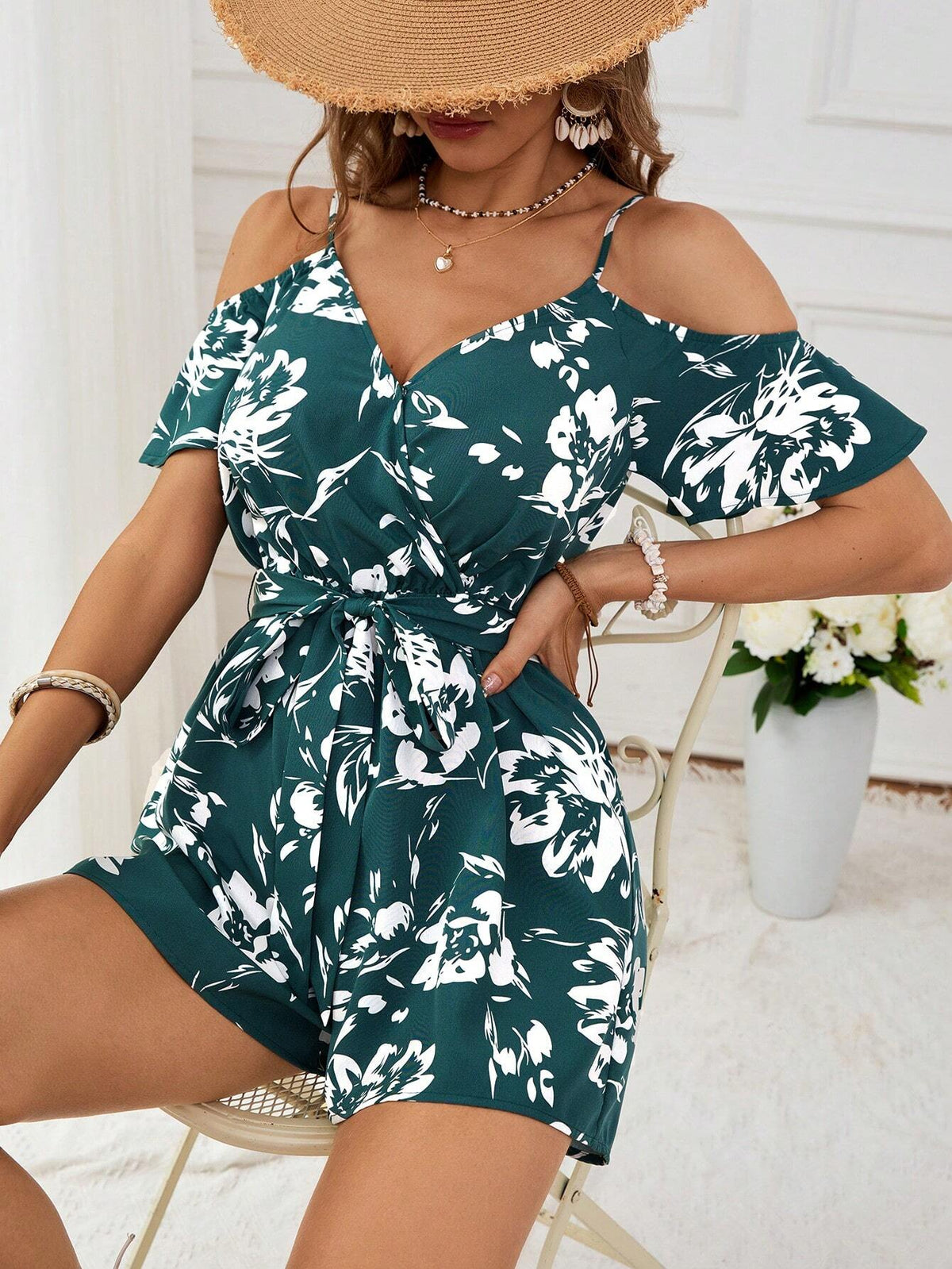 Loose Women's Printed Woven Jumpsuit With Vacation-Style Spaghetti Straps