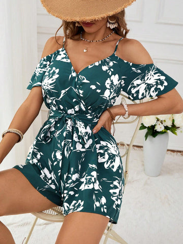 Loose Women's Printed Woven Jumpsuit With Vacation-Style Spaghetti Straps