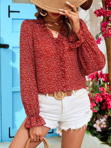 VCAY Loose Woven Vacation Style Long Sleeve Shirt With V-Neck For Women