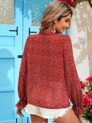 VCAY Loose Woven Vacation Style Long Sleeve Shirt With V-Neck For Women