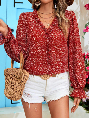 VCAY Loose Woven Vacation Style Long Sleeve Shirt With V-Neck For Women