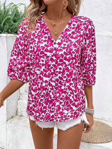 VCAY Men's Casual Printed Shirt With V-Neckline And Button-Front