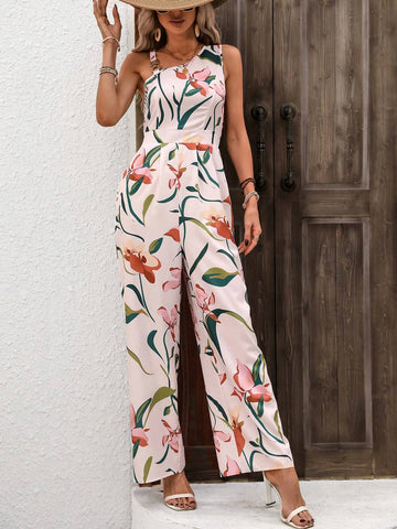 Metallic Buckles Contrast Floral & Plant Print Jumpsuit