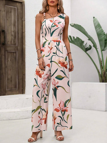 Metallic Buckles Contrast Floral & Plant Print Jumpsuit