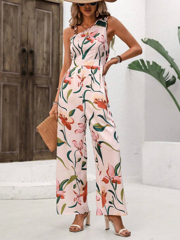 Metallic Buckles Contrast Floral & Plant Print Jumpsuit