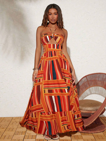 Multicolored Striped Pattern Women's Vacation Neck Hanging Sleeveless Dress