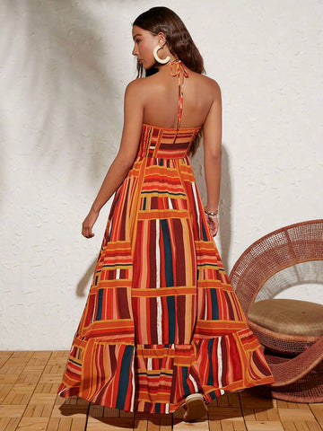 Multicolored Striped Pattern Women's Vacation Neck Hanging Sleeveless Dress