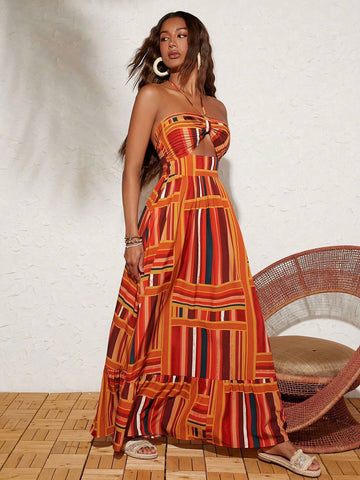 Multicolored Striped Pattern Women's Vacation Neck Hanging Sleeveless Dress