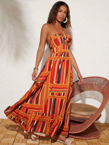 Multicolored Striped Pattern Women's Vacation Neck Hanging Sleeveless Dress