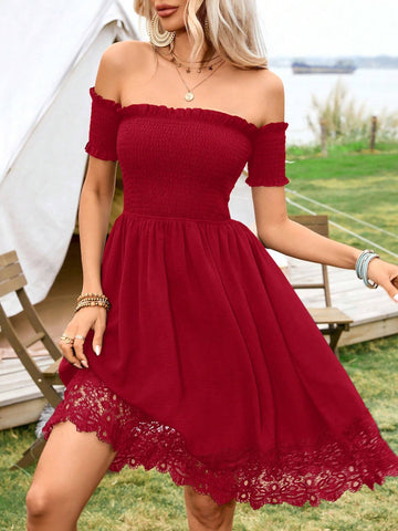 Music Festival Summer Vacation Solid Colored Woven Slim Fit Short Bodycon Off-Shoulder