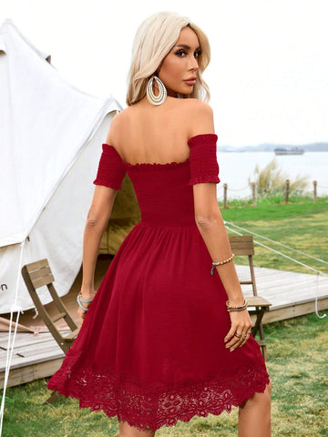 Music Festival Summer Vacation Solid Colored Woven Slim Fit Short Bodycon Off-Shoulder