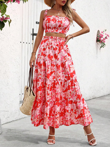 New Spring/Summer Casual Floral Printed Bandeau Top And Skirt Women's Holiday Outfit