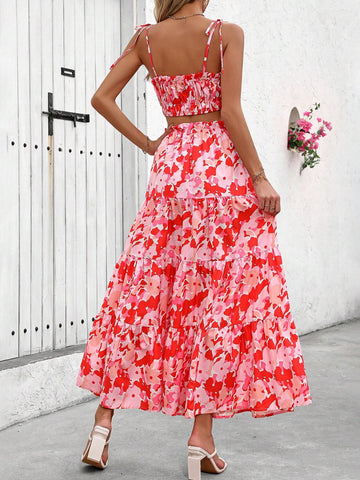 New Spring/Summer Casual Floral Printed Bandeau Top And Skirt Women's Holiday Outfit