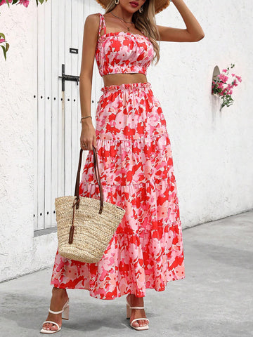 New Spring/Summer Casual Floral Printed Bandeau Top And Skirt Women's Holiday Outfit