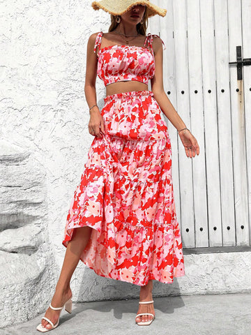 New Spring/Summer Casual Floral Printed Bandeau Top And Skirt Women's Holiday Outfit