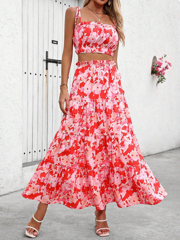 New Spring/Summer Casual Floral Printed Bandeau Top And Skirt Women's Holiday Outfit