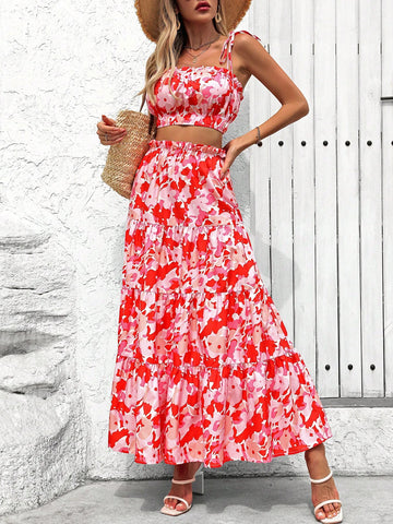 New Spring/Summer Casual Floral Printed Bandeau Top And Skirt Women's Holiday Outfit