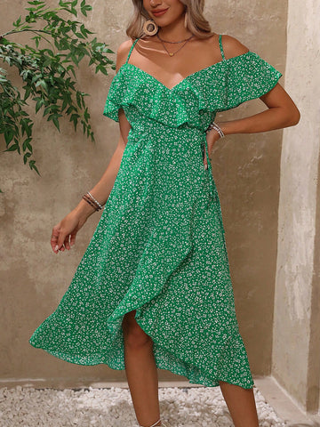 Off-Shoulder Floral Printed Asymmetric Hemline Dress With Small Flower Pattern