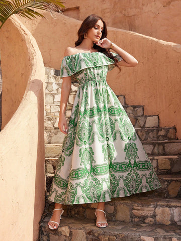 Off-Shoulder Ruffle Trim Belted Dress With Paisley Print
