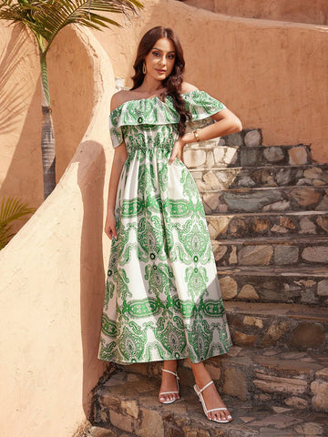 Off-Shoulder Ruffle Trim Belted Dress With Paisley Print