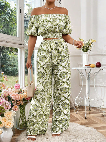 Off-Shoulder Top & Long Pants Set With All-Over Print