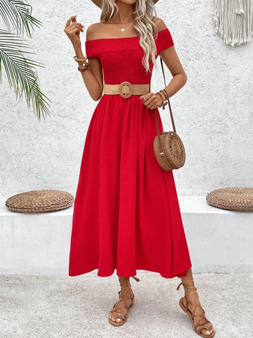 Off-The-Shoulder Waist-Cinched Bodycon Dress
