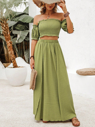 Off Shoulder Cropped Shirred Top And High Slit Skirt, Vacation 2-Piece Set