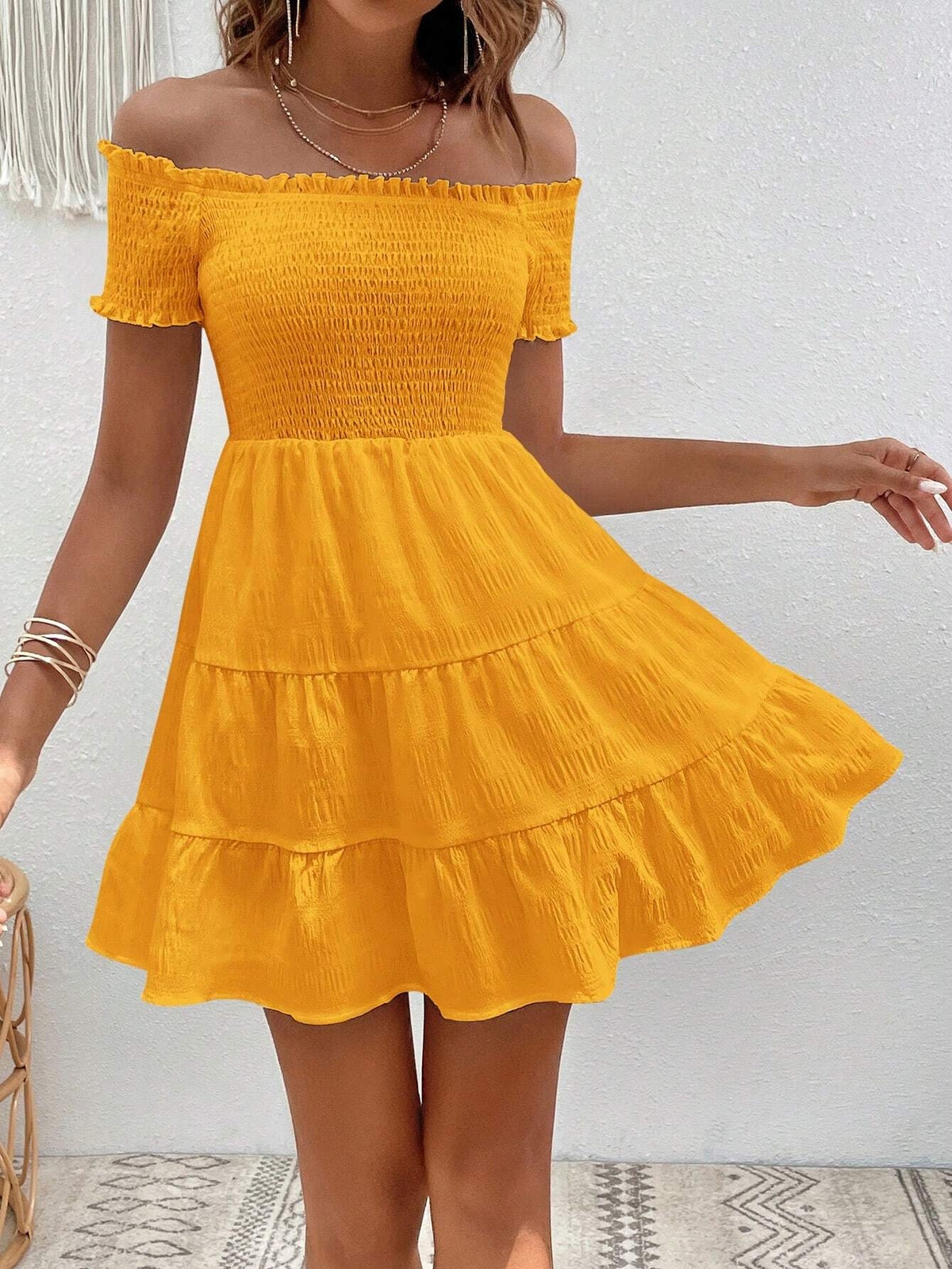 Off Shoulder Ruffle Hem Solid Summer Dress
