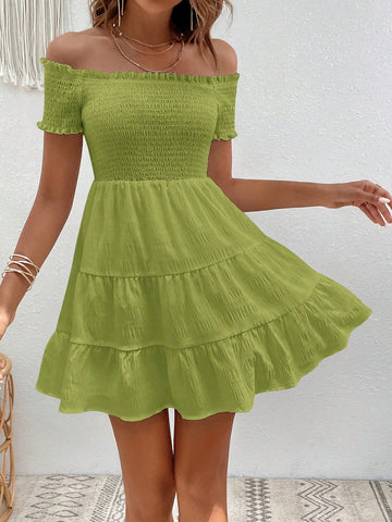Off Shoulder Ruffle Hem Solid Summer Dress