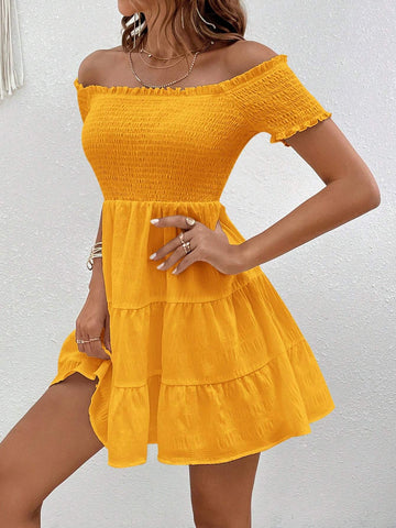 Off Shoulder Ruffle Hem Solid Summer Dress