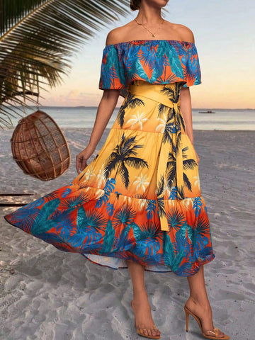 VCAY Off Shoulder Tropical Gradual Print Dress