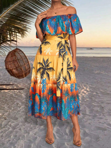 VCAY Off Shoulder Tropical Gradual Print Dress