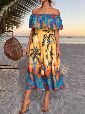 VCAY Off Shoulder Tropical Gradual Print Dress