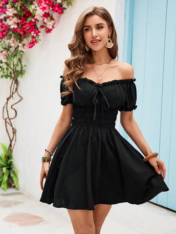 VCAY One Line Shoulder Ruffles Waisted Summer Beach Women Maxi Dress