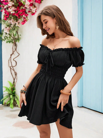 VCAY One Line Shoulder Ruffles Waisted Summer Beach Women Maxi Dress