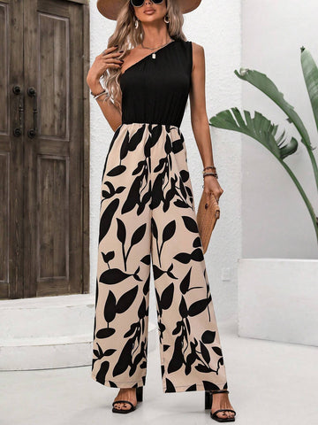 One Shoulder Contrast Color Plant Print Splicing Elastic Waist Straight Jumpsuit