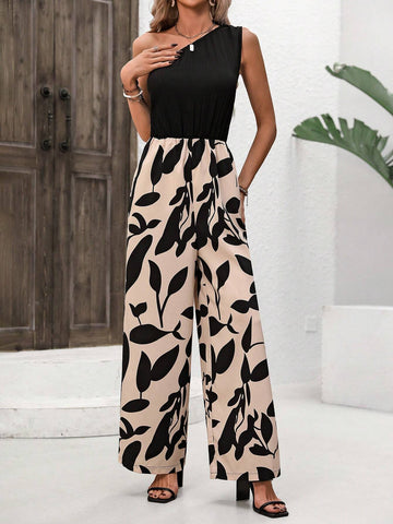 One Shoulder Contrast Color Plant Print Splicing Elastic Waist Straight Jumpsuit
