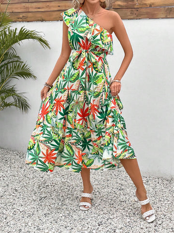 One Shoulder Floral Print Ruffled Hem Fashionable Vacation Style Dress