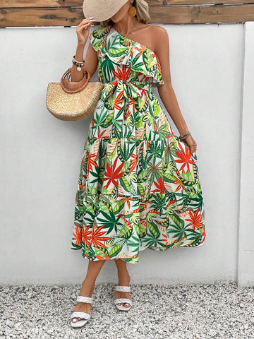 One Shoulder Floral Print Ruffled Hem Fashionable Vacation Style Dress