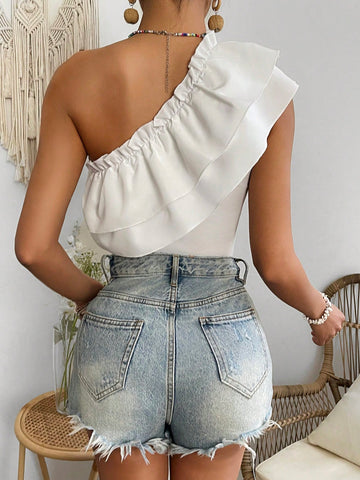 One Shoulder Sleeveless Double Layered Ruffle Trimmed Bodysuit