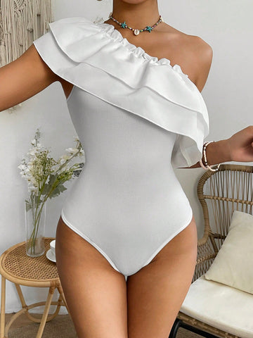 One Shoulder Sleeveless Double Layered Ruffle Trimmed Bodysuit
