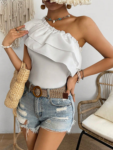 One Shoulder Sleeveless Double Layered Ruffle Trimmed Bodysuit