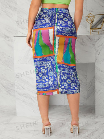 VCAY Paisley And Patchwork Print Split Thigh Skirt