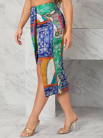 VCAY Paisley And Patchwork Print Split Thigh Skirt
