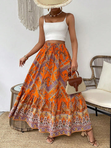 VCAY Paisley Floral Printed Skirt With Ruffled Hem